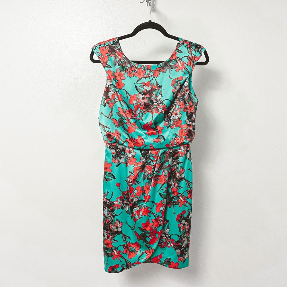 Jessica Simpson Summer Spring Boho Casual Chic Floral Satin‎ Mini Dress Teal Red